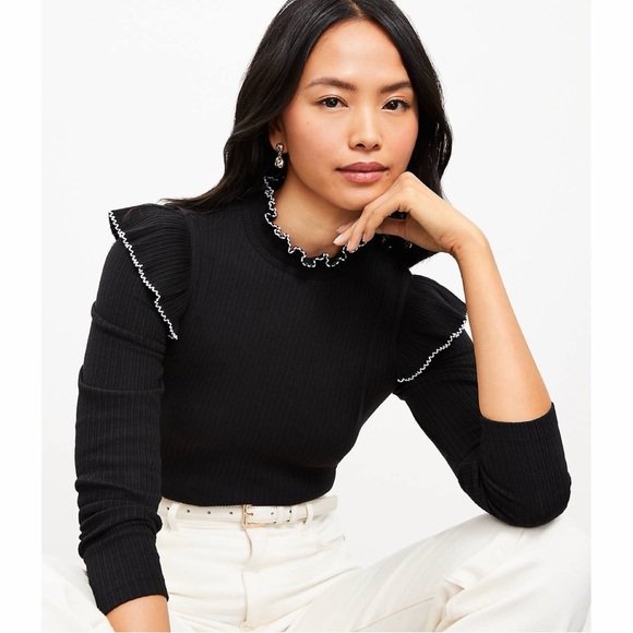 Loft Pointelle Ribbed Ruffle Top Small Petite NWT - Picture 2 of 7